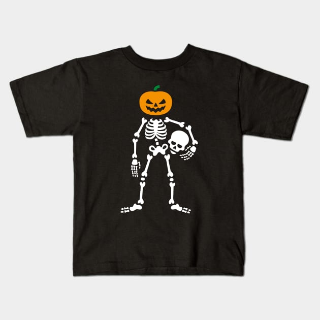 Skeleton holding skull - pumpkin Head Halloween Kids T-Shirt by LaundryFactory